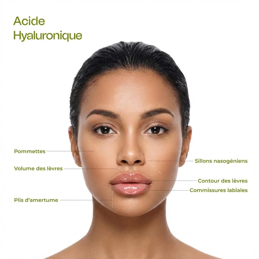 Schéma des zones d'injection du visage - Botox et acide hyaluronique